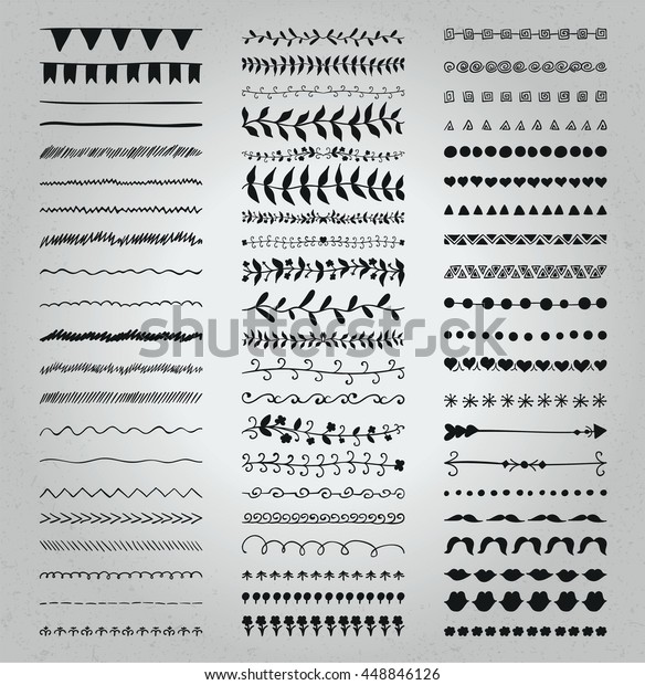 手描きの黒い落書き線の境界のセット テクスチャーのある背景に 素朴な装飾デザインエレメント 花柄 ディバイダ 矢印 渦 スクロール スケッチベクターイラスト のベクター画像素材 ロイヤリティフリー