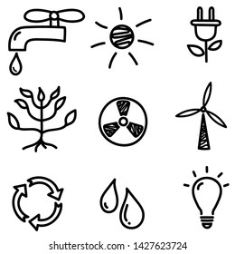Set of hand drawn black eco doodle icons