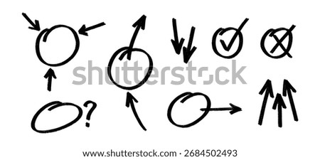 Set of hand drawn black exam marks, including various checkmarks, crosses, and other grading symbols. Simple and useful vector elements for educational or evaluation themed designs. 