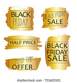 A set of hand drawn Black Friday sale banners with thin golden frames and text, isolated on white background.