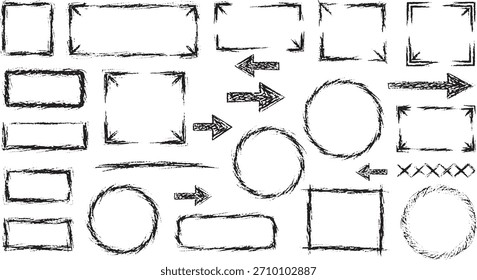Conjunto de molduras e setas pretas desenhadas à mão com esboços de textura de carvão áspero para elementos de design