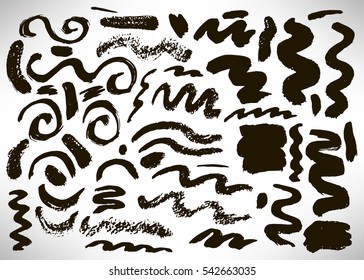 Set of hand drawn black grunge elements, banners, brush strokes isolated on white. Vector illustration.