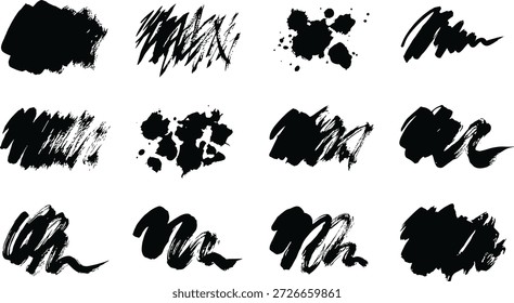 Conjunto de pinceladas de tinta negra dibujadas a mano, salpicaduras de pintura grunge, texturas abstractas y Elementos de diseño decorativos de Vector artístico.