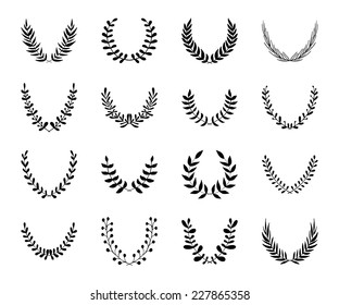 Set of hand drawn black laurel wreaths isolated on white. Floral branches. Award, winning. Silhouette frames. Vector illustration.