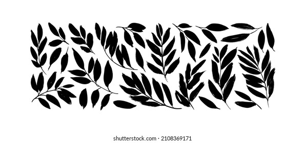 Set of hand drawn black leaf silhouettes. Vector design elements with ink and brush. Olive branches with long leaves vector collection. Hand drawn foliage, herbs, tree twig. Cliparts isolated on white
