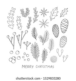 Set of hand drawn black line floral design elements in doodle style. Merry Christmas, happy new year vector botanical line illustration.