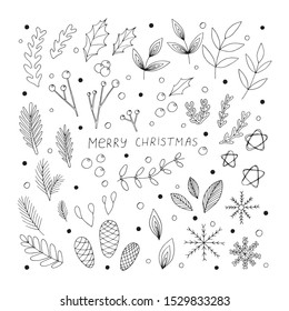 Set of hand drawn black line floral design elements in doodle style. Merry Christmas, Happy new year vector line winter botanical illustration.