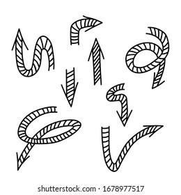 Conjunto de flechas de línea negra dibujadas a mano en la ilustración vectorial blanca. Signo de dirección hacia abajo a la izquierda del perro. Símbolo de contorno de curva de esbozo. Elementos de diseño gráfico de negocios. Iconos aislados. Cursor.Puntero.