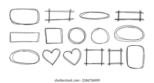Set hand drawn black linear cute frames for text or photo. Scribble lines decorative elements for design, decor and collages - geometric trendy modern frames, doodle stroke, childish casual style.