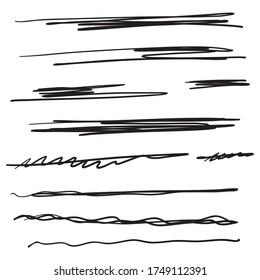 Conjunto de líneas negras dibujadas a mano. Colección vectorial de trazos de pincel de subrayado, énfasis, garrapatas.
