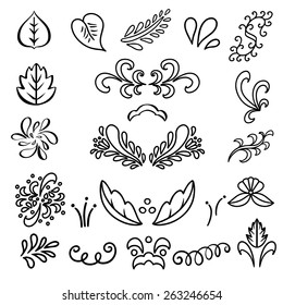 Set hand drawn black lines leaves, waves isolated on a white background. Floral icons.Tattoo. Art logo design