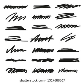 Set of hand drawn black marker brush strokes isolated on white background.