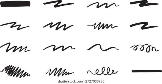 Satz von handgezeichneten schwarzen Marker-Pinselstrichen, Vektorfarben-Unterstreichungen, Textmarkerstreifen, Kohle-Kritzeleien und gewellten Bleistiftzeilen auf weißem Hintergrund