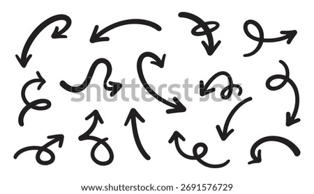Set of Hand Drawn Black Marker Arrows with Scribble, Curve, and Doodle Styles for Navigation and Annotation Graphic Design