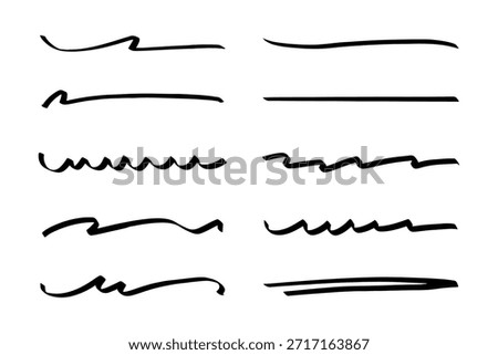 Set of hand drawn black marker brush strokes and underline swoops