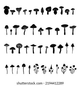 Set of hand drawn black mushrooms. Simple vector illustration of silhouettes.