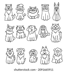 Set of hand drawn black outline doodle dogs on white background. Dog miimalistic ink sketch for tattoo, card, logo Vector illustration