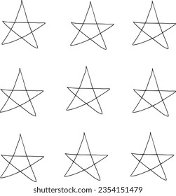 Set of hand drawn black outline stars shape isolated on white background.