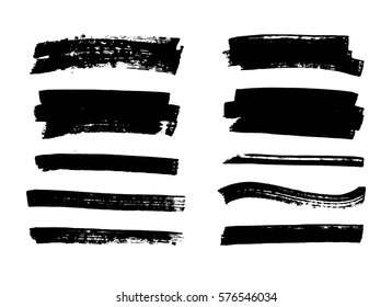 Set of hand drawn black paint, ink brush strokes, brushes, lines. Dirty grunge artistic design elements, boxes, frames for text.