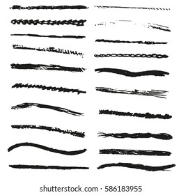 Set of hand drawn black paint, ink brush strokes, brushes, lines. Dirty artistic design elements isolated on white background