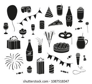 Set of hand drawn black party items isolated on white background.
