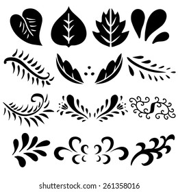 Set hand drawn black silhouettes leaves, waves isolated on a white background. Floral icons.Tattoo. Art logo design