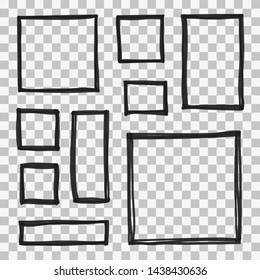 Set of hand drawn black sketched square frames isolated on transparent background.
