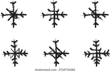Conjunto de iconos de copo de nieve negro dibujado a mano con textura de pincel áspero. Perfecto para invierno, Navidades, fondo y diseños de impresión.