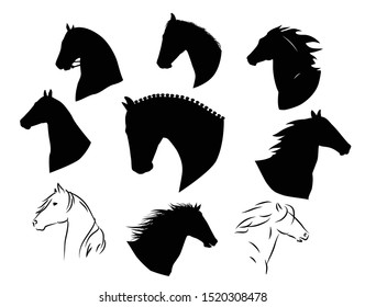 Set of hand drawn black vector horses silhouettes.