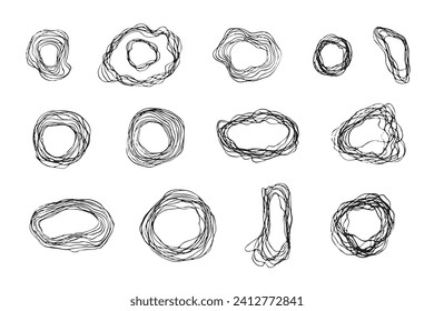 Set of hand drawn black vector wavy line frames. Collection of round and oval shapes ink strokes borders, clouds for speech texts, advertisement, decor element