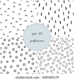 Set of hand drawn black and white seamless patterns. Hand sketched tileable textures