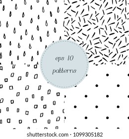 Set of hand drawn black and white seamless patterns. Hand sketched tileable textures