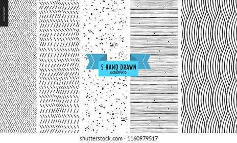 Set, hand drawn black, white geometric pattern. Vector seamless pattern Abstract background, strokes. Monochrome texture Hipster graphic design. Endless vector backgrounds, simple textures, stripes
