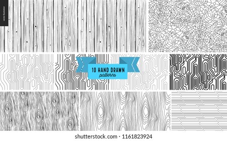 Set, hand drawn black, white geometric pattern. Vector seamless pattern Abstract background, strokes. Monochrome texture Hipster graphic design. Endless vector backgrounds, simple textures, stripes