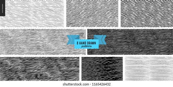 Set, hand drawn black, white geometric pattern. Vector seamless pattern Abstract background, strokes. Monochrome texture Hipster graphic design. Endless vector backgrounds, simple textures, stripes