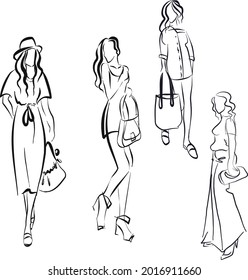 set of hand drawn black and white fashion illustrations with trendy girls with bags, jeans, trousers. Fashion clothes. Fashion sketch, print