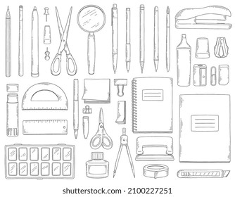 Set of hand drawn black and white stationery for office or school isolated on white background. Vector sketch illustration of objects for study. Collection of office accessories.