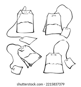 Juego de bolsos de té clásicos blancos y negros dibujados a mano con etiquetas en blanco. Dibujo de línea de tinta vectorial de esquema de mano libre.