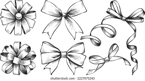 Set of Hand Drawn Black and White Sketch Ribbon Bow Vector Illustration