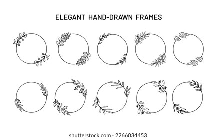 Set of hand drawn black and white leaves and twigs, fantasy herbs in form of wreaths. Outline doodles. Collection of romantic round frames, elegant unique design elements made of branches, for prints