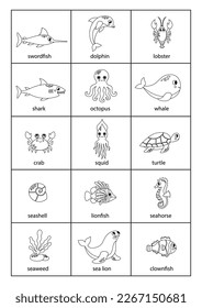 Set of hand drawn black and white sea animals with names.