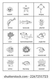 Set of hand drawn black and white sea animals with names.