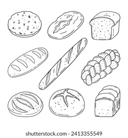 Set of hand drawn black and white types of bread