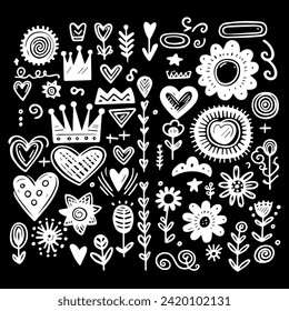 Set hand drawn black and white scribbles star, heart, crown, flower