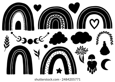 Set of hand drawn black and white boho rainbow and celestial objects silhouette. Cute doodle rainbow with twigs, cloud, hearts, tassel and flower. Vector illustration for baby nursery design.
