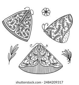 Conjunto de mariposas boho en blanco y negro dibujadas a mano en estilo contorno. Lindo doodle mariposa con flores y hojas de Paquete. Ilustración vectorial para el Diseño gráfico de la guardería.