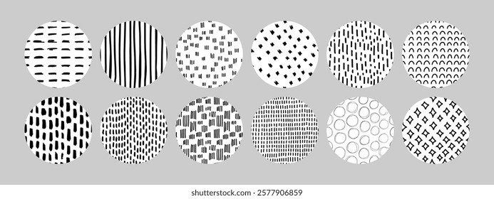 Set of hand drawn black and white doodle textures in circular shapes. Features irregular stripes, dots, dashes, arcs, and geometric patterns. Perfect for backgrounds, packaging, and creative designs