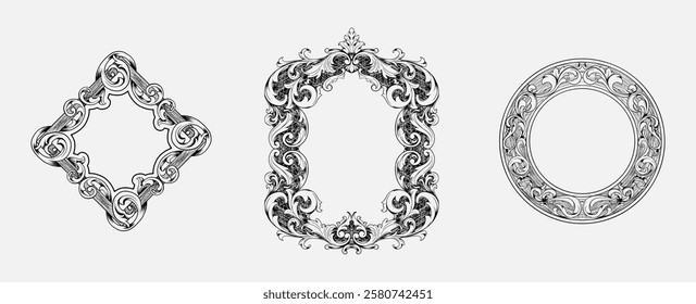 set of hand drawn black and white ornamental engraved square and circle frames in vintage style