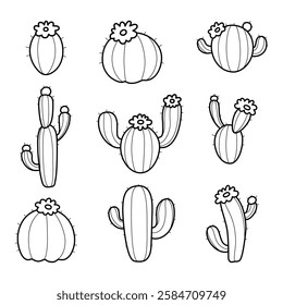 Set of hand drawn black and white doodle cacti with flowers. Minimalist botanical illustration with various cactus shapes. Perfect for coloring books, prints, stickers, and design projects.