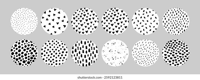Set of hand drawn black and white doodle textures in circular shapes. Includes hearts, dots, drops, dashes, and brushstroke patterns. Perfect for backgrounds, web design, packaging, creative projects